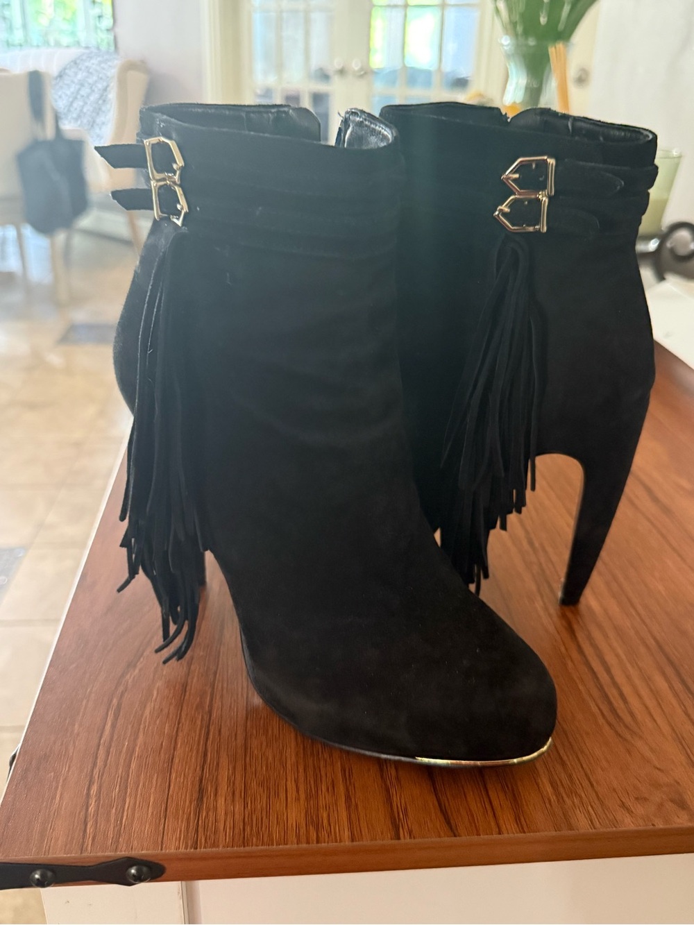 SAM EDELMAN Women 7M Black Suede Fringe High Heel Ankle Boots/Gold Metal Trim